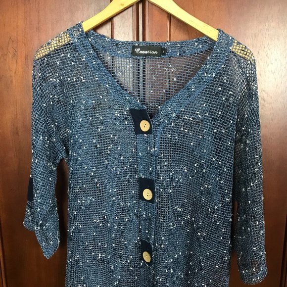 Creation Blue Button Up Fishnet Sheer Blouse Size S - Picture 4 of 6